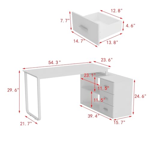 Image of Homsee Home Office Computer Desk Corner Desk with 3 Drawers and 2 Shelves, 54 Inch Large L-Shaped Study Writing Table with Storage Cabinet - White