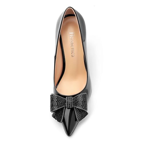 Womens Chunky Block High Heels Patent Closed Pointed Toe Bow Pumps Slip on Heels Wedding Party Dress Shoes 3.5IN Black Patent Size 103