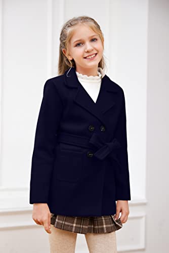 Baby Kids Boys Girls Classic Wool Blend Coat Winter Double Breasted Trench Coat Ouertwear Pea Coat Jacket with Belt Navy2