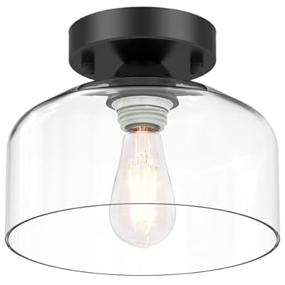 Semi Flush Mount Ceiling Light - Clear Glass Pendant Lamp Shade, Matte Black Finish, Modern Farmhouse Light Fixture for Hallway Corridor Kitchen Entryway Bedroom, Bulb Not Included