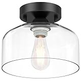 Semi Flush Mount Ceiling Light - Clear Glass Pendant Lamp Shade, Matte Black Finish, Modern Farmhouse Light Fixture for Hallway Corridor Kitchen Entryway Bedroom, Bulb Not Included
