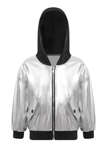 YEAHDOR Kids Boy Girls Metallic Bomber Jacket Long Sleeve Zipper Hooded Sweatshirt Hip Hop Jazz Dance Top Coat