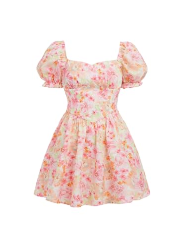 Girl's Summer Dress Floral Print Frill Puff Sleeve Sweetheart Neck A Line Short Spring Dresses