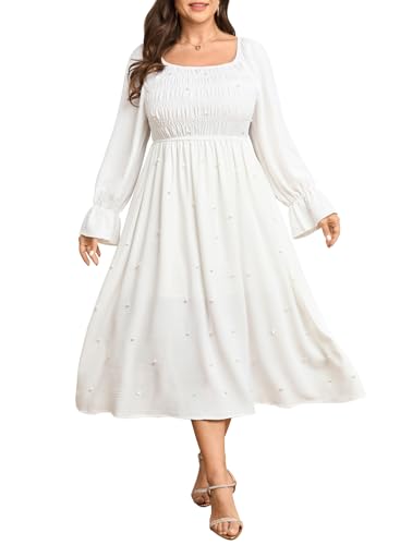 SCOMCHIC Women's Plus Size Maxi Dress Long Sleeve Pearl Square Neck Flowy A Line Wedding Guest Dresses White