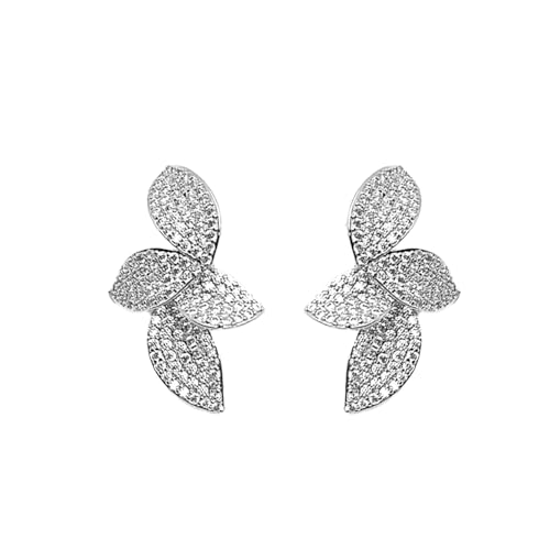 Luxury Leaf Flower Cubic Zirconia Crystal Statement Stud Earrings for Women Dainty 925 Sterling Silver Post Diamond Huggie Studs Small Dangle Drop Fashion Trendy Jewelry Wedding Party Gift