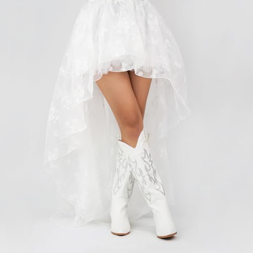 Image of STALOV Cowboy Boots for Women Pull On Chunky Heel Boots Knee High Cowgirl Boots Western Pointed Toe Boots Embroidered Suede Boots
