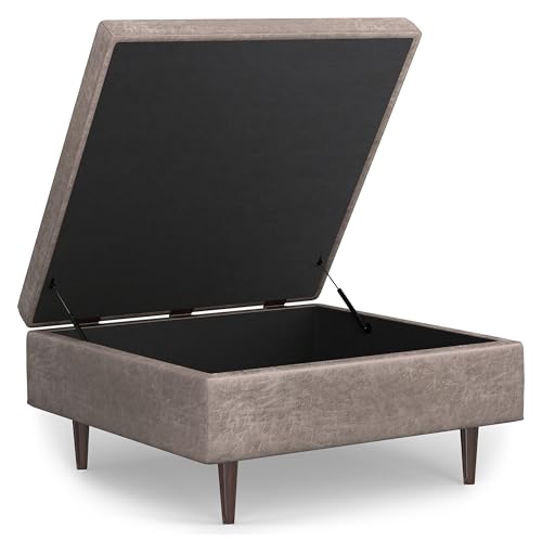 SIMPLIHOME Shay 38 inch Wide Mid Century Modern Large Square Coffee Table Storage Ottoman in Distressed Grey Taupe Vegan Faux Leather, Assembled, for The Living Room, Entryway and Family Room