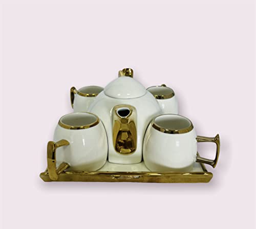 Bavary Juego de tetera para 4 personas, tazas de té con bandeja para servir, vajilla de color blanco y dorado, vajilla para té, tiempo vintage, porcelana, 100 ml, 2097 Bavary Juego de tetera para 4 personas, tazas de té con bandeja para servir, vajilla de color blanco y dorado, vajilla para té, tiempo vintage, porcelana, 100 ml, 2097