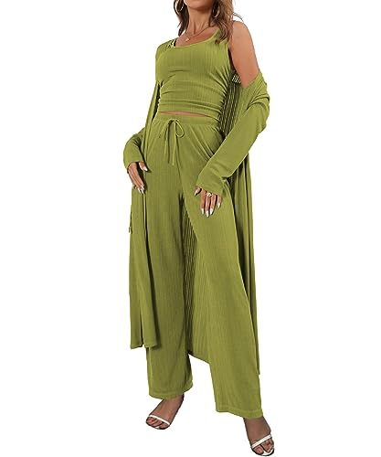 Image of 3 Piece Lounge Sets for Women Airport Travel Outfit | Long Cardigan,Tank Top ,Wide Leg Pants with Pockets,Comfy Loungewear,Casual Chic, Airplane Clothing,Vacation Matching Set