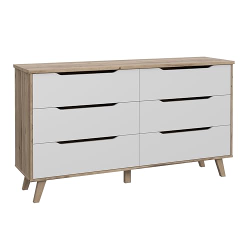 Forte VANKKA Kommode mit 6 Schubladen, Holzwerkstoff, Planked Eiche/Weiß, B x H x T: 154,7 x 86,3 x 42 cm