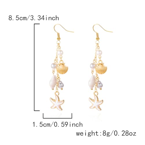 Boho Cute Seashell Starfish Conch Drop Dangle Earrings for Women, Charm Small Sea Shell Pearl Long Dangling Earrings Beach Holiday Party Jewelry Gifts2