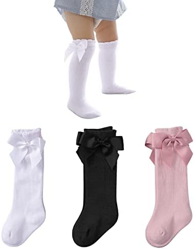 Century Star Baby Girls Bow Knee High Socks Toddlers Ruffled Tube Socks Infant School Uniform Leggings Long Stockings 03Pcs Black&White&Pink 6-18 Months