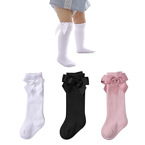 Century Star Baby Girls Bow Knee High Socks Toddlers Ruffled Tube Socks Infant School Uniform Leggings Long Stockings 03Pcs Black&White&Pink 6-18 Months #TOP13