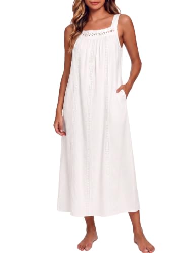 Image of SWOMOG Women's Cotton Nightgowns Sleeveless Night Gown Embroidery House Dress Soft Long Nightdress with Pockets
