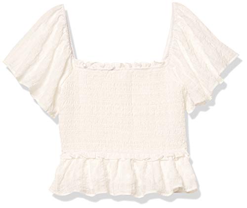 ASTR the label Women's Short Sleeve Wide Neck Smocked Bodice January Top, White, M