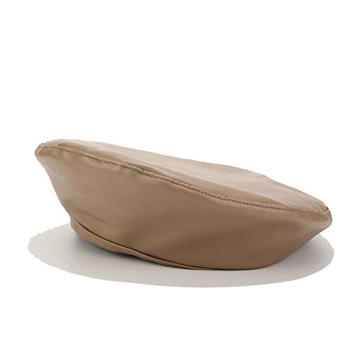 Classic PU Leather French Beret Hat for Women Adjustable Solid Color Artist Painter Cap-Khaki_M