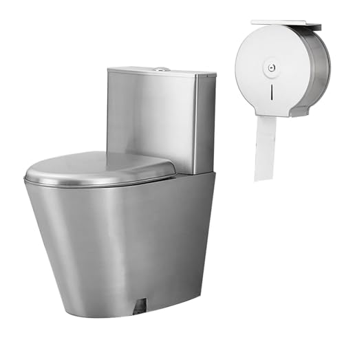 Inodoro comercial de acero inoxidable de doble descarga, taza con asiento de cierre suave y altura cómoda, inodoro alargado de una pieza de alta eficiencia con ahorro de agua y descarga sifónica vigorosa miniatura 1