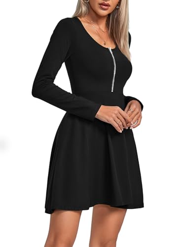Image of Umenlele Women's Scoop Neck Long Sleeve Dresses Casual Flowy Swing Mini Short Wrap Skater Dress