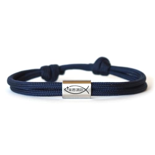 Personalisiertes Kinderarmband mit Gravur für Jungen & Mädchen – Kommunionsgeschenk aus Edelstahl & Nylon – Armband mit Fisch Symbol zur Firmung, Konfirmation, Taufe