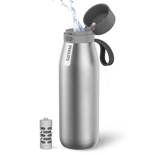 Image of PHILIPS Filtered Water Bottle Stainless Steel Travel Keeps Cold 32oz Silver | Insulated BPA-Free Water Bottle With Leakproof Lid. Filter Removes Chlorine & Odor, Lasting 2 Months Or 40 Gallons