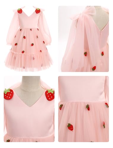 IDOPIP Toddler Girls Tutu Dress Mesh Long Sleeve Strawberry Heart Valentine Birthday Party Dresses Pageant Ruffle Tulle Gown4