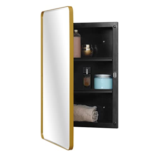 Fundin Plastic Medicine Cabinet, Beveled Edge Mirror Door with Round Corner Metal Frame, Recessed and Surface Mount, Golden,16 x 24 inch Fundin Plastic Medicine Cabinet, Beveled Edge Mirror Door with Round Corner Metal Frame, Recessed and Surface Mount, Golden,16 x 24 inch