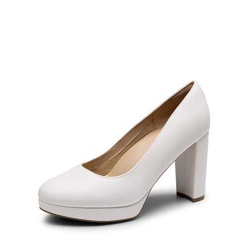 DREAM PAIRS Women's Pumps Closed Round Toe Chunky High Heels Platform Work Comfortable Dress Shoes for Women 8.5 White-pu