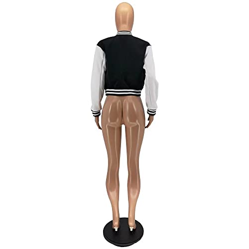 Image of Women Cropped Bomber Jacket Varsity Button Down Baseball Coat Streetwear | Long Sleeve Lightweight Casual Cropped Jacket With Pockets, Spring Autumn Outwear Y2K School Bomber Jackets for Women