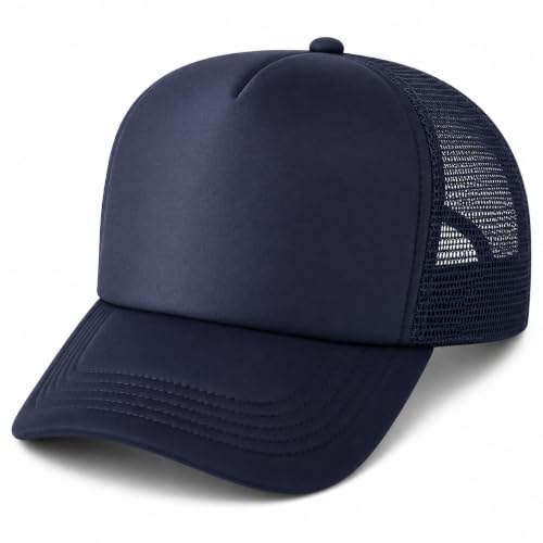 Image of IQONEQ 5 Panel Trucker Cap Mesh Baseball Cap Adjustable Snapback Hat Foam Front Blank Plain Summer Breathable Unisex for Printing, Embroidery & Sublimation (Navy)