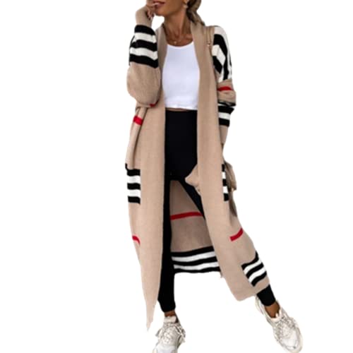 Women's Knit Cardigan Coat Loose Striped Color Block Plus Long Cardigan Sweater Pocket Braided Cardigan Sweater