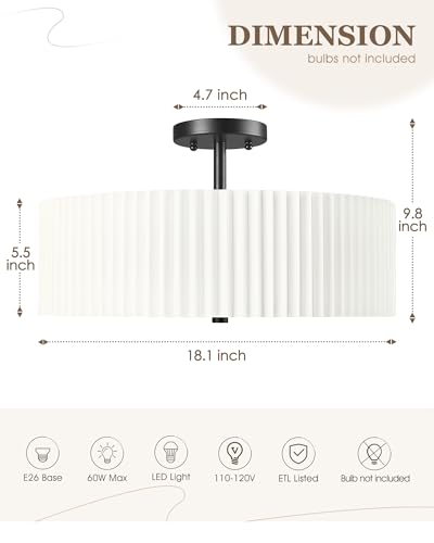 Image of Semi Flush Mount Ceiling Lights, 4-Light 18 inch Matte Black Ceiling Light Fixture with White Pleated Fabric Shade, Drum Lamp for Nursery Hallway Bedroom Kitchen, AD-25036-4SF-BK