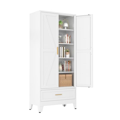 Image of Bevivog Farmhouse Metal Storage Cabinet with 4 Shelves, 71 inch Tall Shelf Cabinets with 2 Barn Doors & Drawer, 31.5 inch Wide Storage Cabinet with Doors for Office /Pantry /Bathroom
