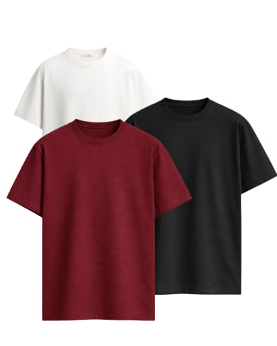 Image of VEL Plain Heavy GSM Cotton Oversized T-Shirt Baggy Fit Drop Shoulder Half Sleeves Round Neck Solid Pure 100% Cotton T-Shirt for Men (Pack of 3)