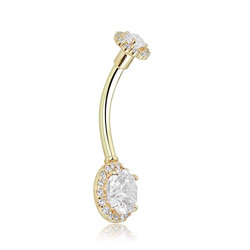 Avora 10K Yellow Gold White Simulated Diamond Cz Halo Belly Button Ring Body Jewelry (14 Gauge) #TOP1