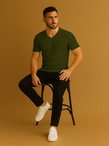 Image of Friskers Men's V-Neck Short Sleeves Cotton T-Shirt - Casual T-Shirt, Regular Fit