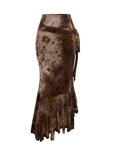 Verdusa Women's Vintage Floral Fishtail Bodycon Renaissance Skirt Side Tie Ruffle Asymmetrical Long Skirt