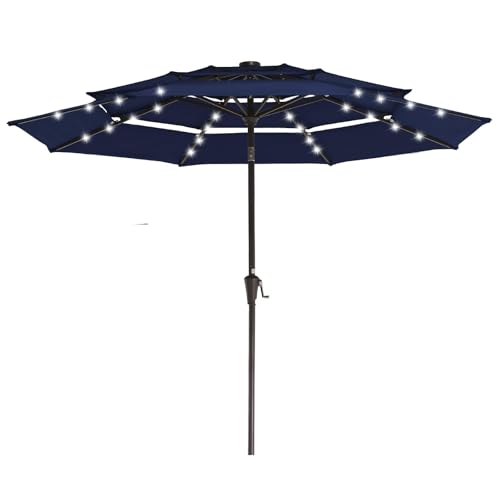 Image of JEAREY 3 Tiers Patio Umbrella with Solar Lights 9ft Outdoor Market Table Umbrellas with Push Button Tilt for Outside Pool Garden, Navy Blue