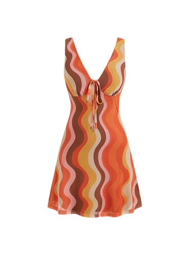 CIDER Mini Dress Sleeveless V Neck Abstract Wave High Waist Striped Knotted Party Vacation