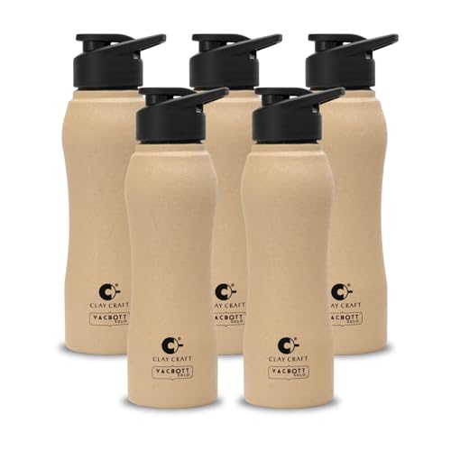 Image of Clay Craft VACBOTT Neo Single Walled Non Insulated Water Bottle-1000ML, 5-Piece(Beige) Leak Proof | Easy Grip |Easy To Carry| Gym Bottle | Home | Kitchen | Hiking | Treking Bottle | Travel Bottle