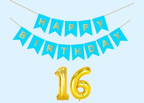 Image of 16th Sky Blue Happy Birthday Decoration Kit for 16 year Old Boys Girls Teenage with Number Sixteen Party Decorations Decor Celebration Items Item Set Combo Reusable Paper Banner