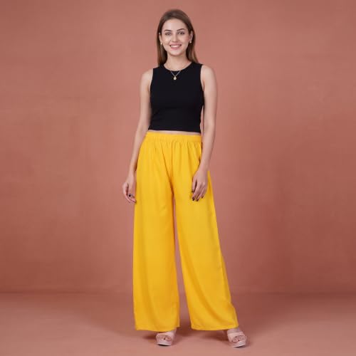 Image of FASHION GALLERY Women's Solid Rayon Palazzo Pants | Relaxed Fit Full Length Wide Leg Palazzo | Elastic Waist Comfortable Casual Lounge Office Ethnic Flared Trousers for Women