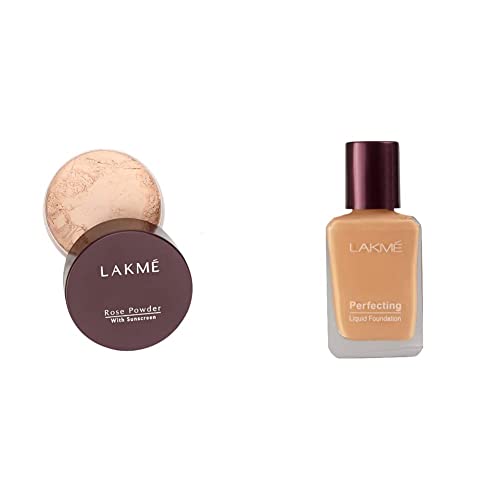 Image of LAKME Rose Natural Face Powder For Oily Skin, Soft Pink, 40G And Perfecting Liquid Foundation Medium Coverage, Coral, 27Ml