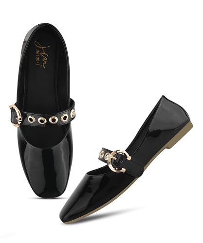 Image of JM LOOKS Modern Patent Mary Jane Flats Featuring Stylish Grommet Eyelet Straps and Adjustable Polished Metal Buckles