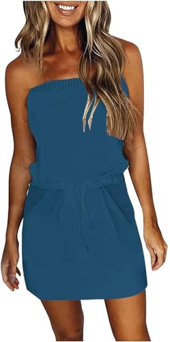 Image of Summer Dress for Women Strapless Beach Cover Ups Boho Sundress Mini Dress Drawstring Waist with Pockets