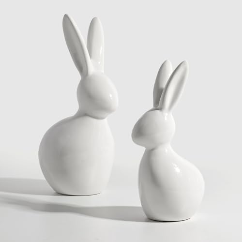 Pawliss Easter Decorations: Elegant White Ceramic Bunny Figurines Set of 2, Cute Farmhouse Rustic Easter Rabbit Statue Differ