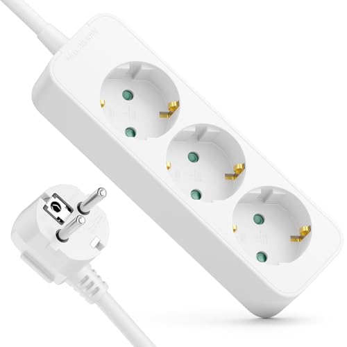 deleyCON Regleta 3 Tomas con Enchufe Angular 90° - 5m Cable - 3X Toma Protección Base Múltiple Corriente Distribuidor Extensión Regleta Hogar Oficina 3680W 16A - Blanco