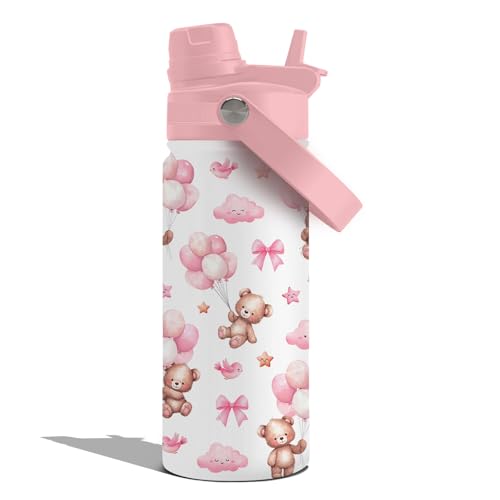 Goiicoln Insulated Water Bottle 18oz, Little Bear Gifts Water Bottle with 2-in-1 Straw and Spout Lid, White Bear Cup Leakproof, Bears Coffee Mug for Bears Lover, Birthday Gift Ideal for Girls Boys