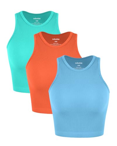 Image of ODODOS 3-Pack Seamless Crop Tank for Women Ribbed Soft High Neck Cropped Tops