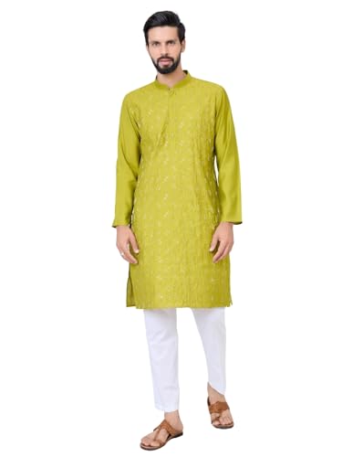 Image of See Designs Men's Full Sleeve Mandarin Collar Ethnic Motifs Embroidered Sequinned Mandarin Collar Straight Long Kurta with Pyjama - Festive Collection