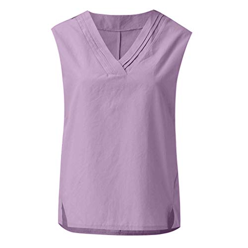 Camiseta regata feminina de linho e algodão HIRIRI com gola V e sem mangas para o verão, cor lisa, c